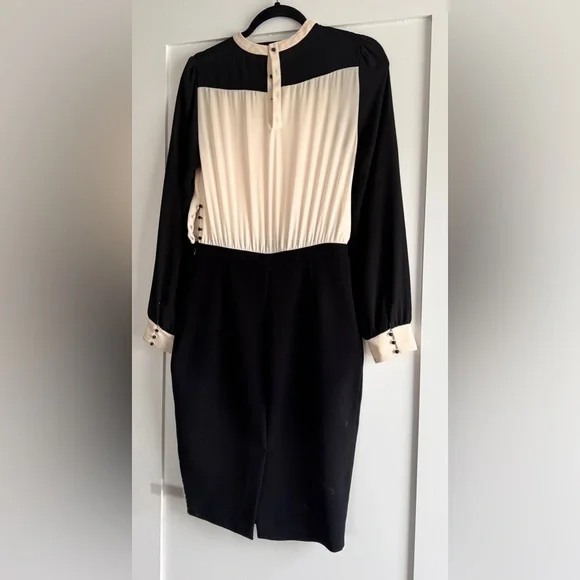 Zara Cream Black Pleated Long Sleeve Contrast Dress Size M (Runs Small) - Picture 5 of 13